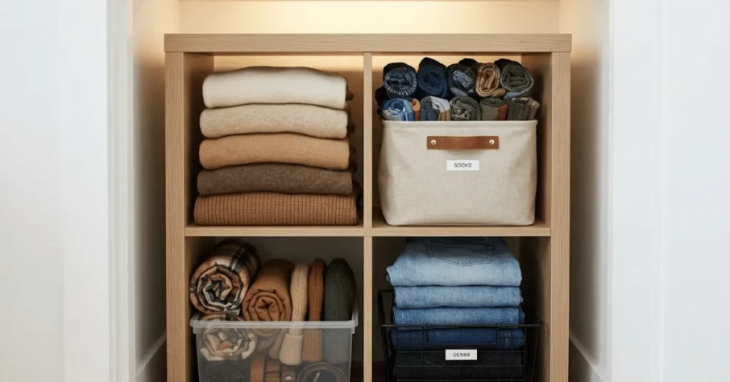 4-cube freestanding organizer inside small closet with each cube holding different clothing category replacing dresser function