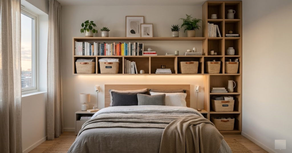 Above-bed floating shelves and storage units in modern bedroom