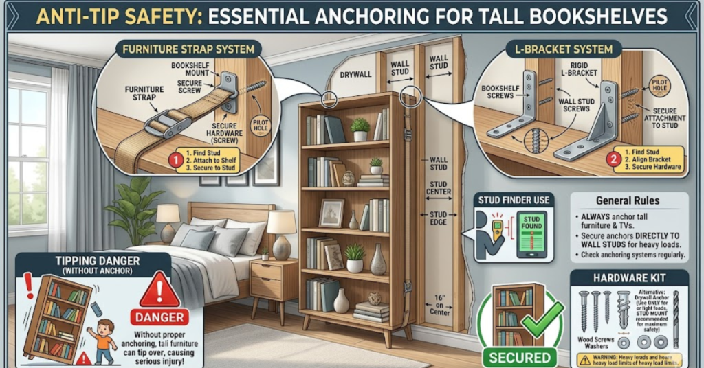 Anti-tip wall anchoring system for tall bedroom storage furniture