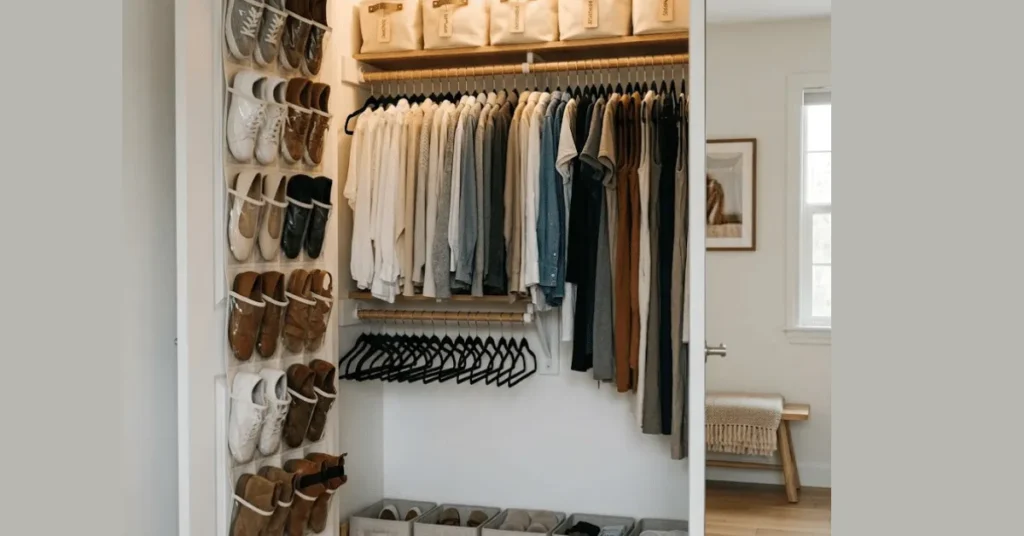 Beautifully organized small closet without dresser showing double hanging rod, fabric bins, labeled baskets, and over-door shoe organizer