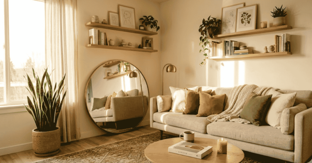Beautifully organized small rental apartment living room with minimalist decor, area rug, oversized mirror, and natural lighting