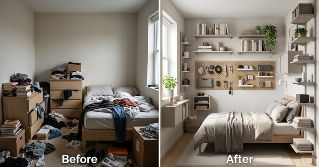 Before and after bedroom vertical storage wall space optimization