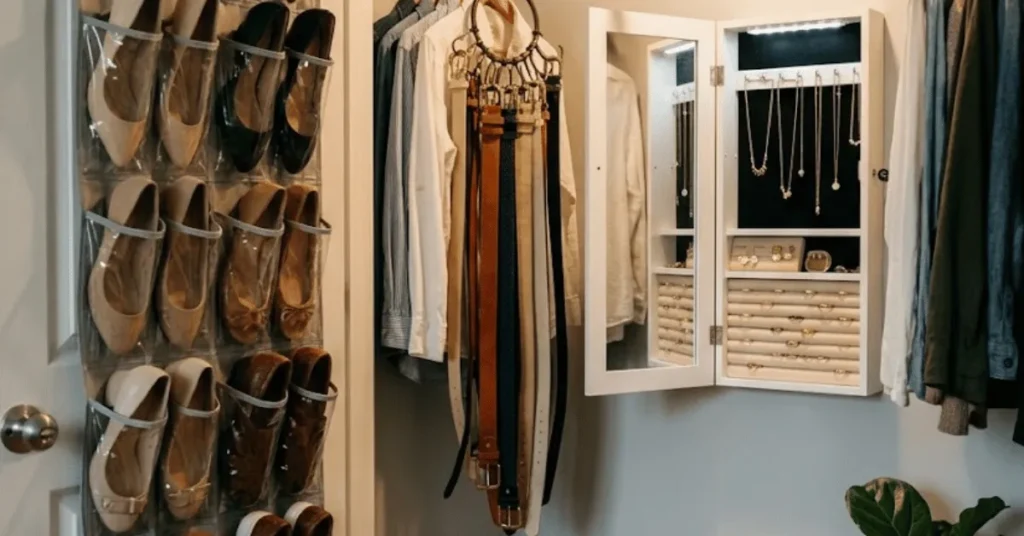 Closet accessory storage system showing over-door shoe pockets, belt ring on rod, and mirrored jewelry cabinet together