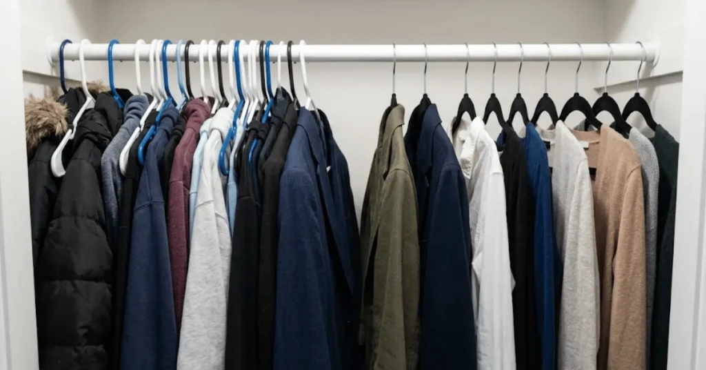 Closet rod comparison showing crowded plastic hangers versus evenly spaced slim velvet hangers recovering rod space