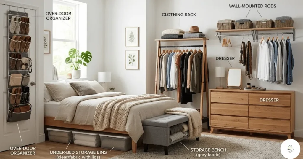 Closetless bedroom organization system with modular storage solutions