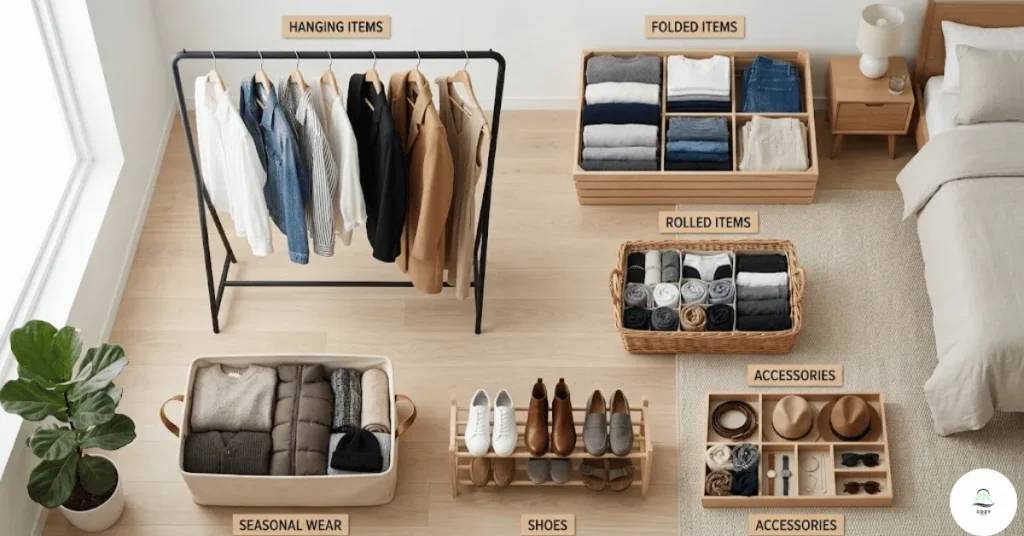 Clothing organization categories for bedroom without a closet