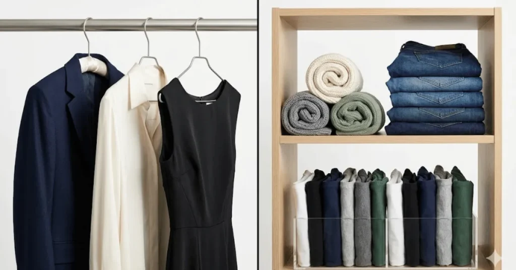 Clothing storage guide showing garments that must be hung versus garments that store better folded to save closet space