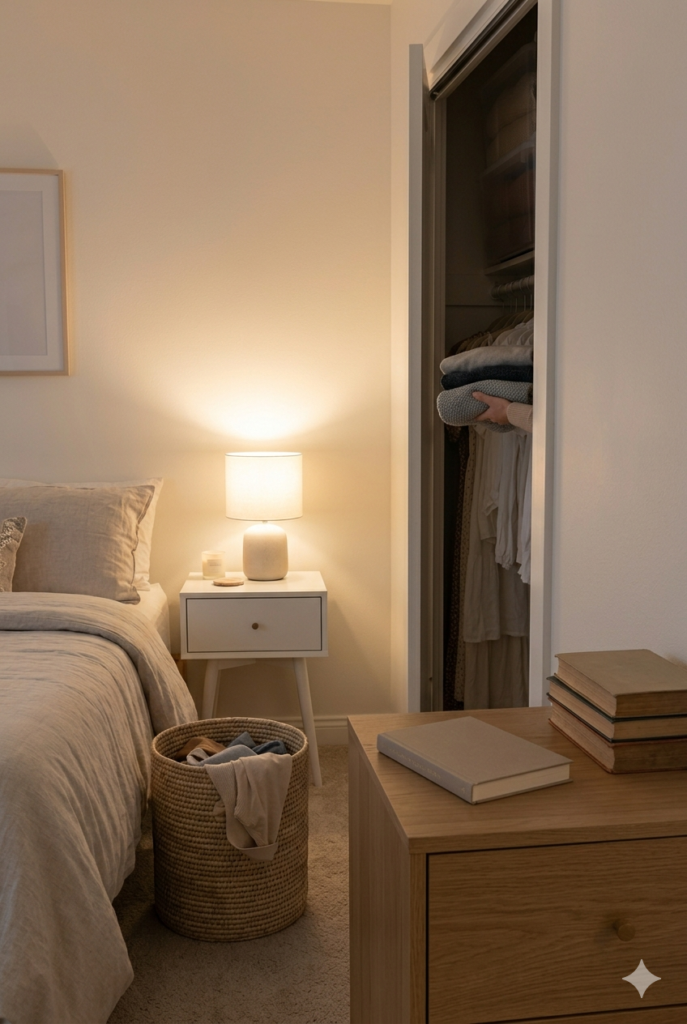 Clutter-free bedroom habits with nightly reset one in one out rule and clear surfaces