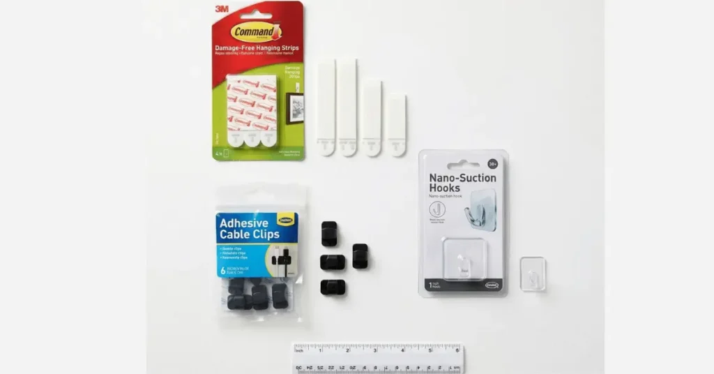 Command strips, adhesive cable clips, and nano-suction hooks — renter-safe wall storage products flat lay