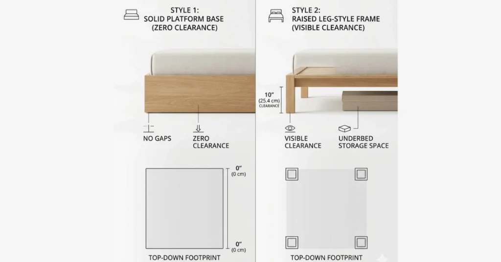 Comparison of solid platform bed base with no clearance versus raised leg bed frame with under-bed storage space