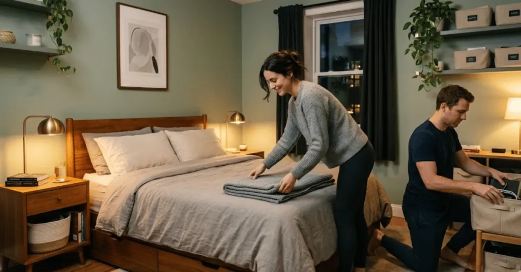 Couple completing a nightly bedroom reset routine in a small organized space