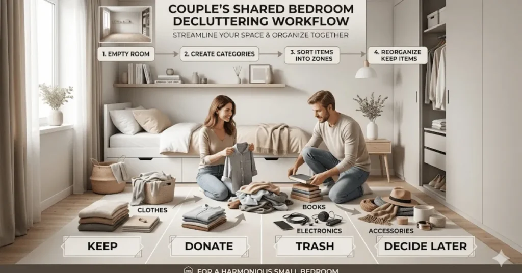 Couple decluttering a small shared bedroom using a four-step organization system