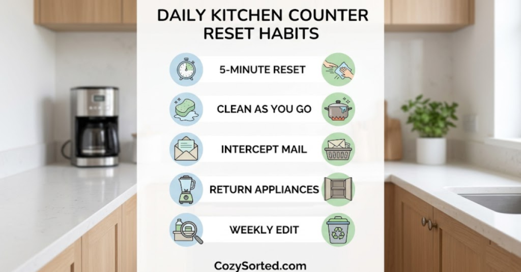 Daily kitchen counter reset habits for maintaining organization