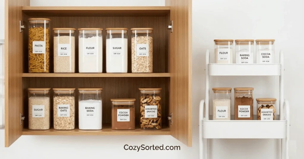 Dry goods and baking supplies organized without a pantry
