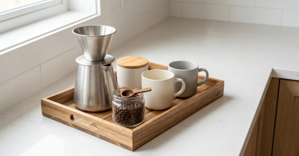 Tray method for organizing a kitchen counter coffee station