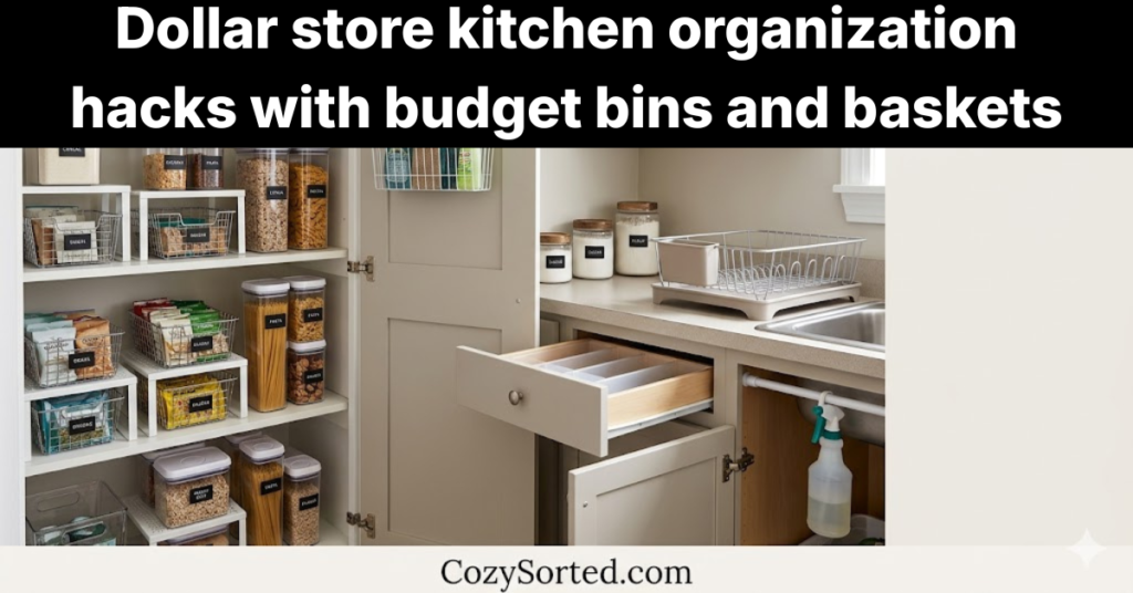 Dollar store kitchen organization hacks with budget bins and baskets