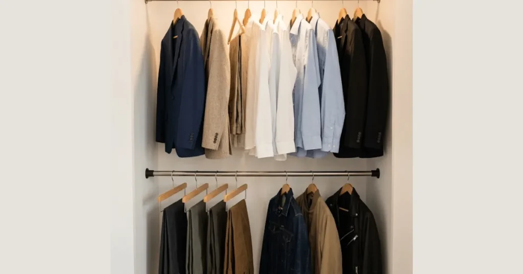 Double hanging rod system in small closet with upper rod for long garments and lower tension rod for short items — no drilling required