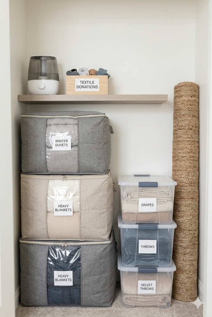 Fall and winter bedroom declutter with heavy blankets duvets and textiles organized in storage