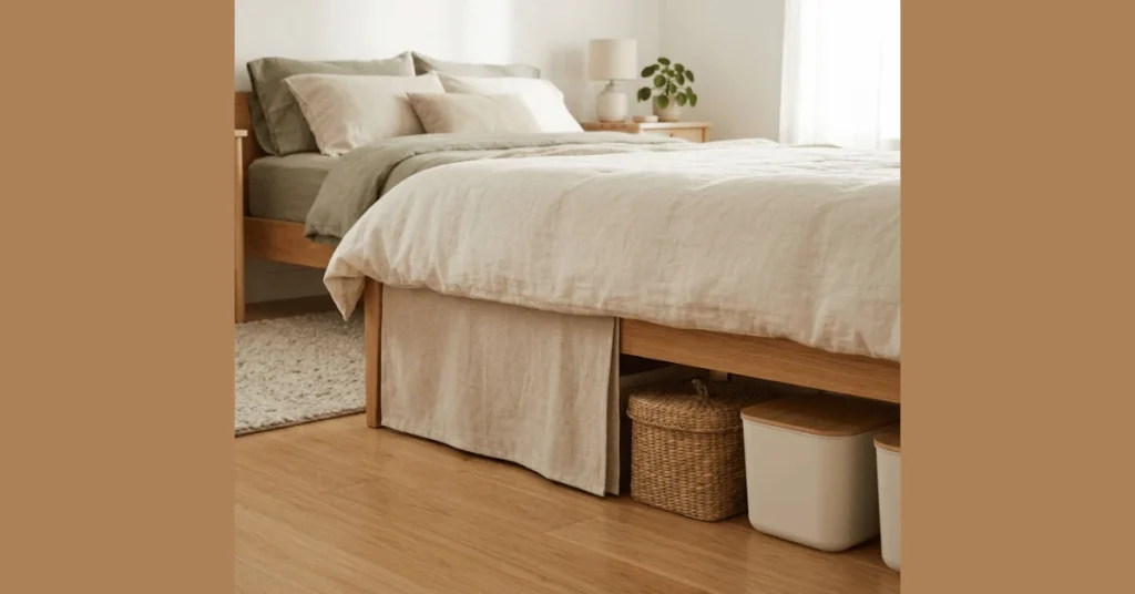 Fitted bed skirt reaching floor on raised bed frame protecting under-bed storage bins from dust accumulation