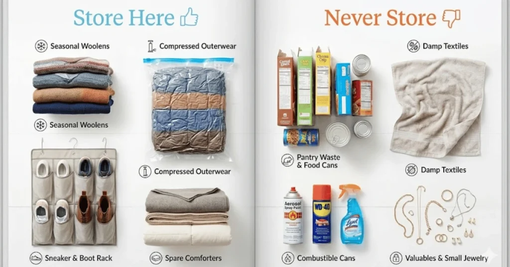 Flat lay showing items suitable for under-bed storage versus items that should never be stored under a bed
