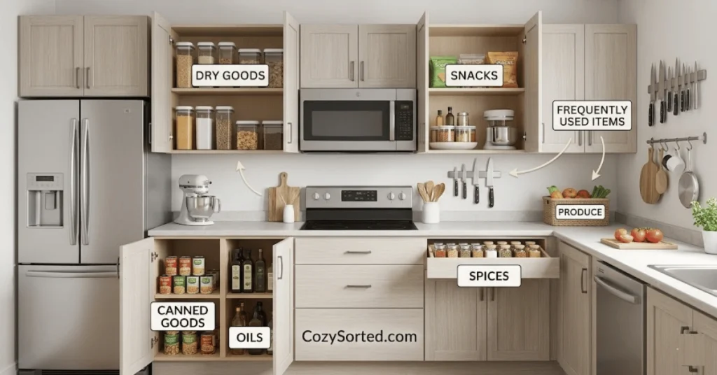 No pantry kitchen food zones for cabinets drawers counters and walls