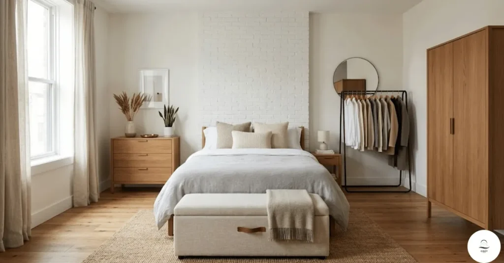 Furniture setup for bedroom without closet including dresser and clothing rack