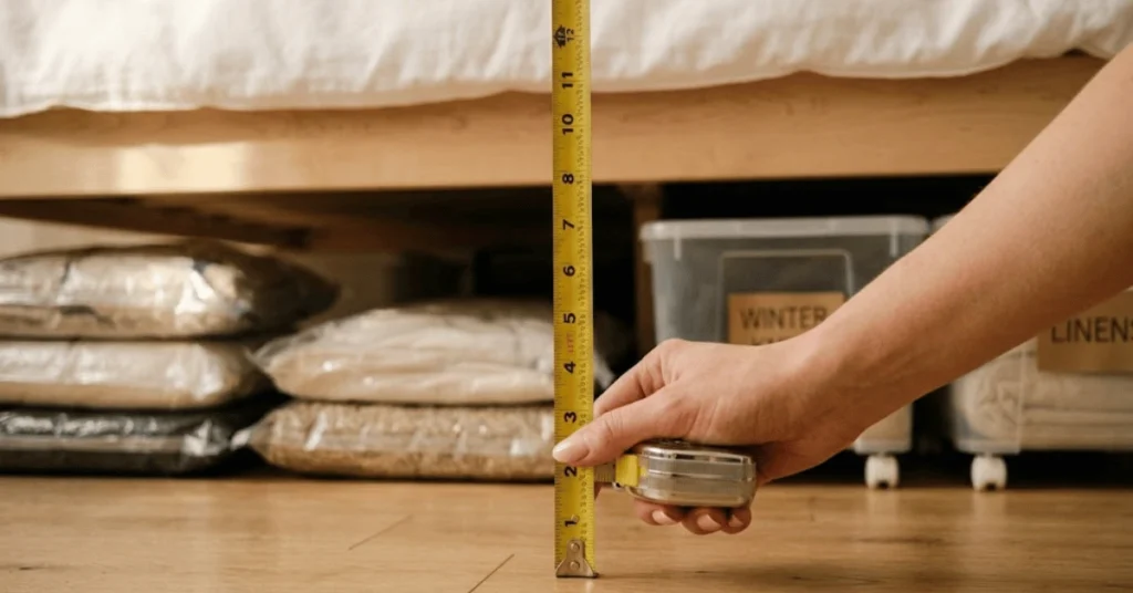 Hand measuring under-bed clearance height with tape measure before buying storage bins