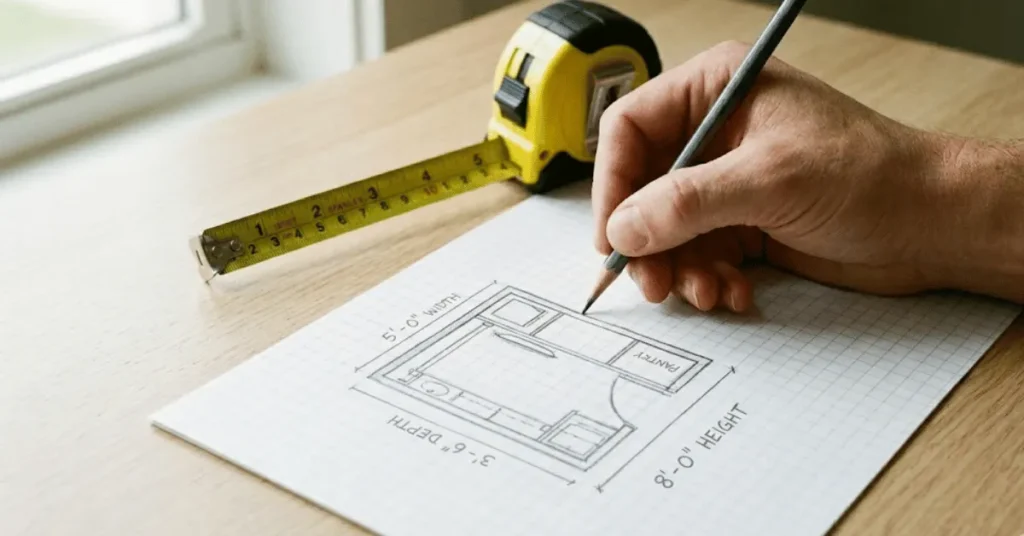 Hand sketching closet floor plan measurements on graph paper with tape measure — closet space assessment before organizing