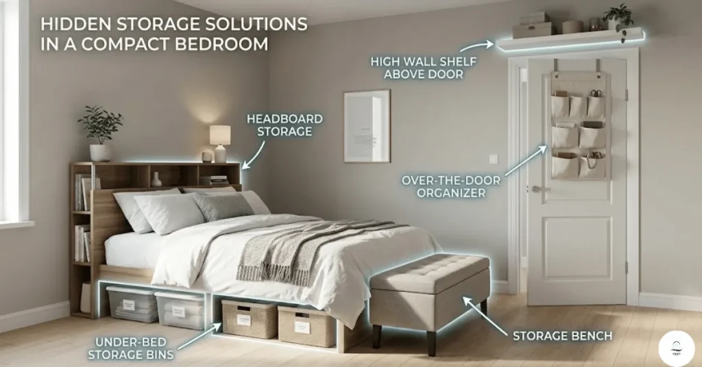 Hidden storage ideas in bedroom without closet including under bed and door storage