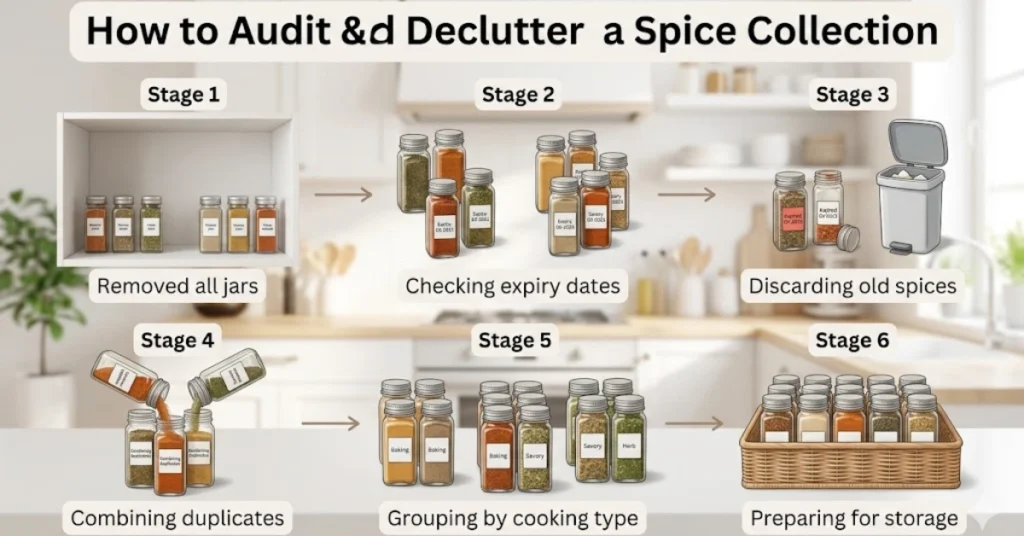 How to audit and declutter spices before organizing a tiny kitchen cabinet