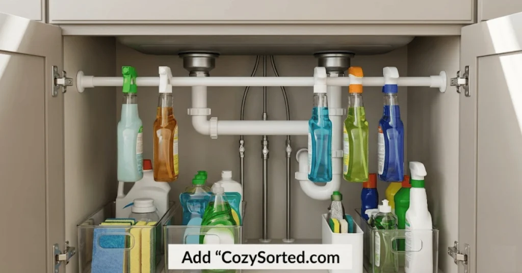 Tension rod under sink storage for hanging spray bottles without drilling