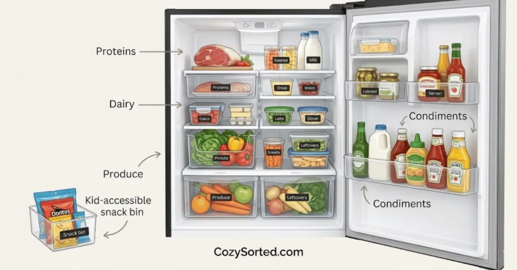 Small refrigerator food zone system for families and studio apartments