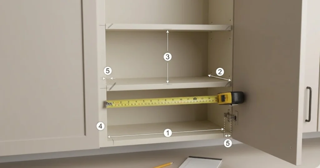 Measuring a small kitchen cabinet before buying a spice rack