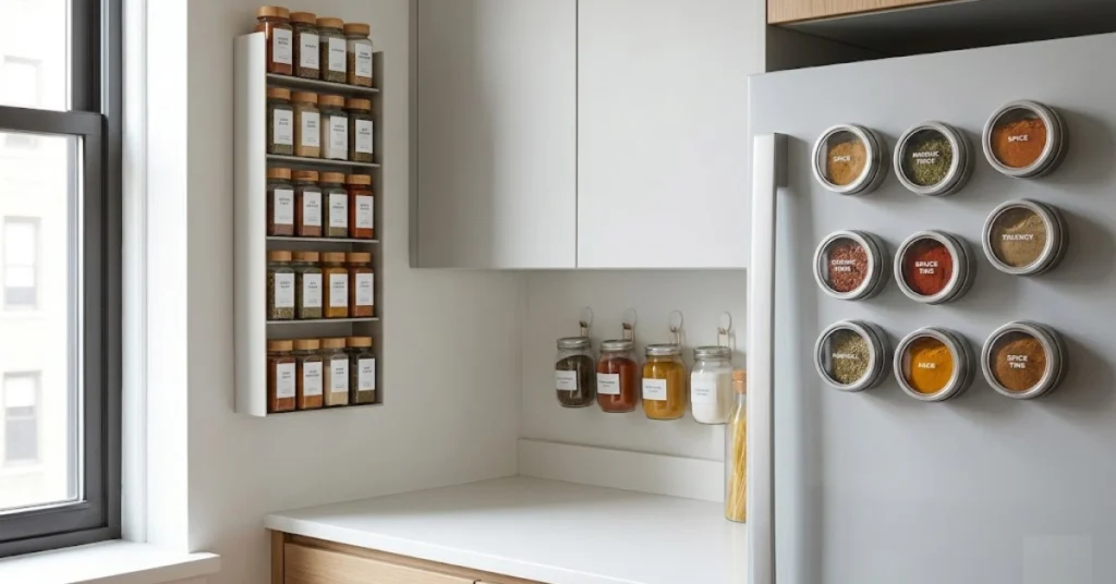Wall mounted and magnetic spice storage ideas for tiny kitchens