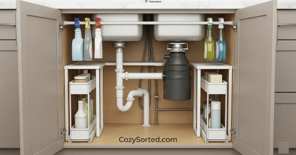 Under sink storage around garbage disposal with narrow pull out caddies