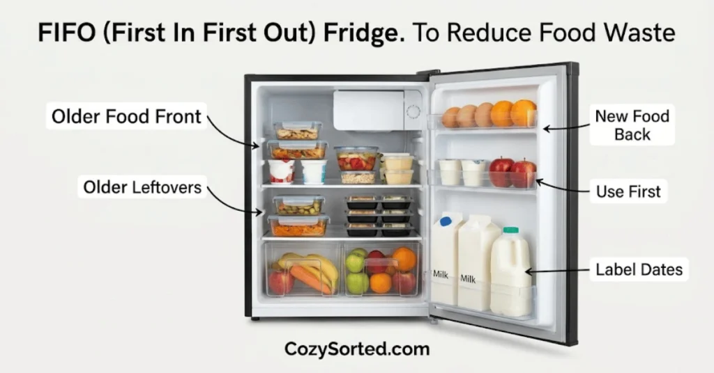 FIFO fridge organization method to reduce food waste