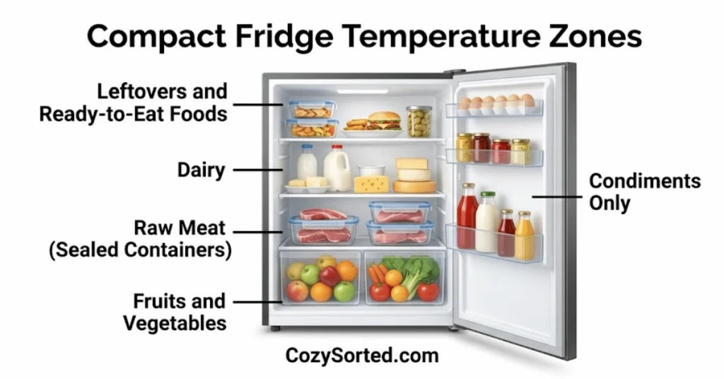 Compact fridge temperature zones for meat dairy produce and condiments