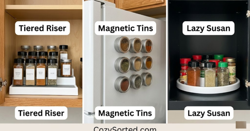 Dollar store spice organization using tiered racks magnetic tins and lazy susan