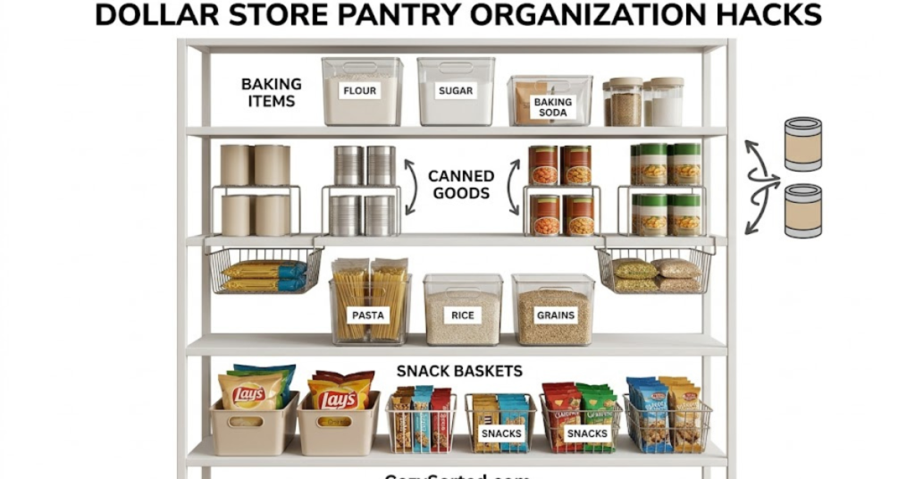 Dollar store pantry organization with bins risers and snack baskets