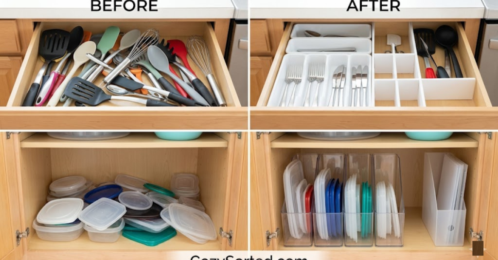 Dollar store drawer dividers and Tupperware lid organization hacks