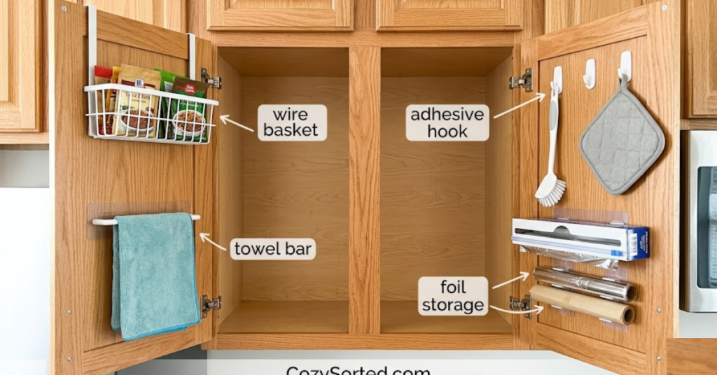 Dollar store cabinet door storage with wire baskets hooks and towel bars