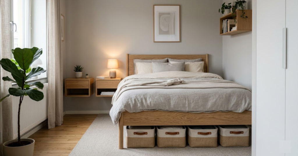 Floating nightstand with under-bed storage in small bedroom