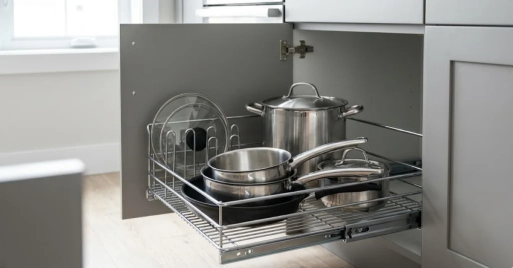 Pull out cabinet organizer for pots and pans in a small kitchen base cabinet