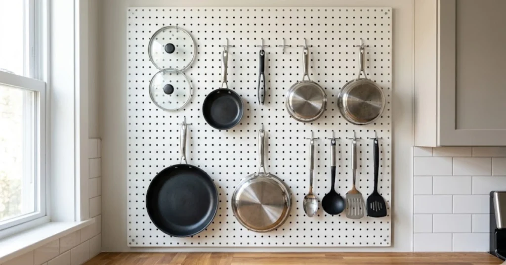 Wall mounted pegboard for hanging pots pans skillets and kitchen utensils in a small kitchen