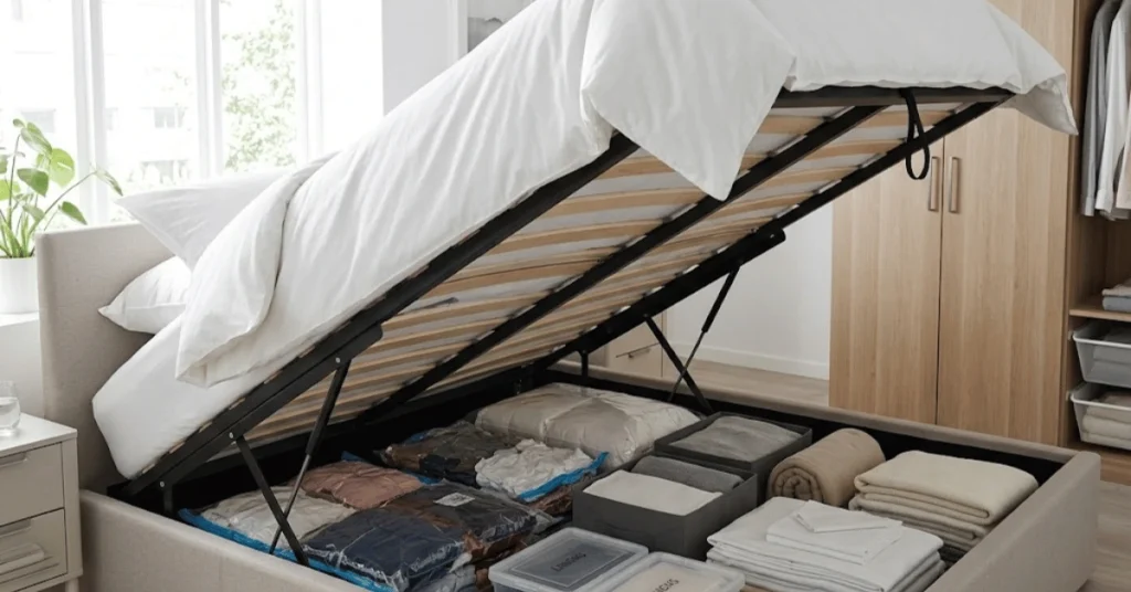 Hydraulic lift-up storage bed frame open showing organized under-bed cavity with vacuum bags, bins, and folded linens