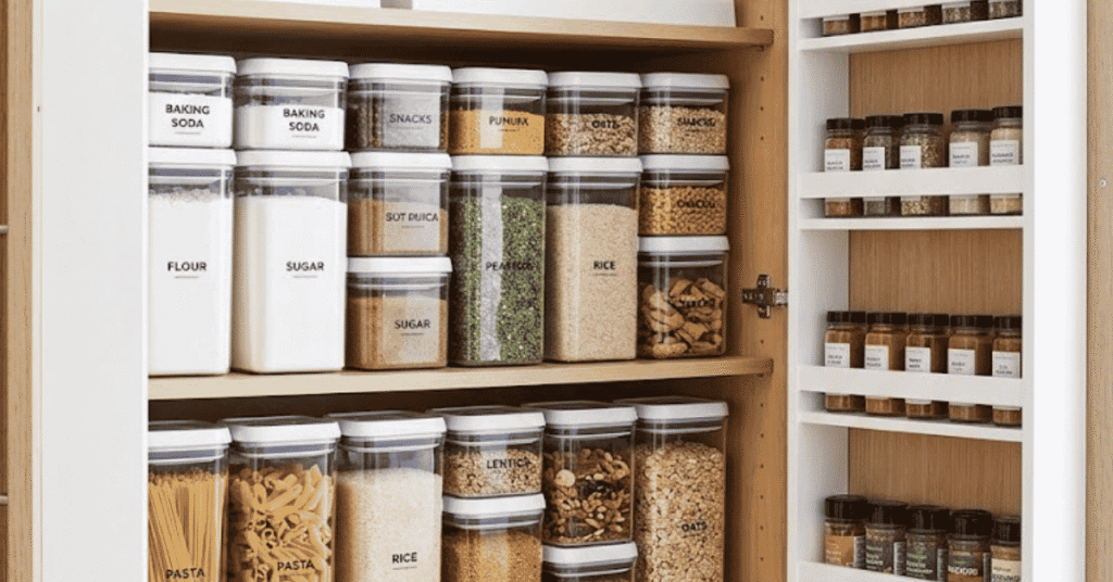 Kitchen cabinet organized as a no-pantry system with clear labeled containers, tiered shelf risers, and an over-door rack