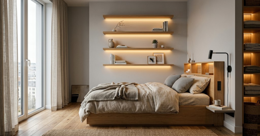 LED lighting integrated into bedroom vertical storage shelves