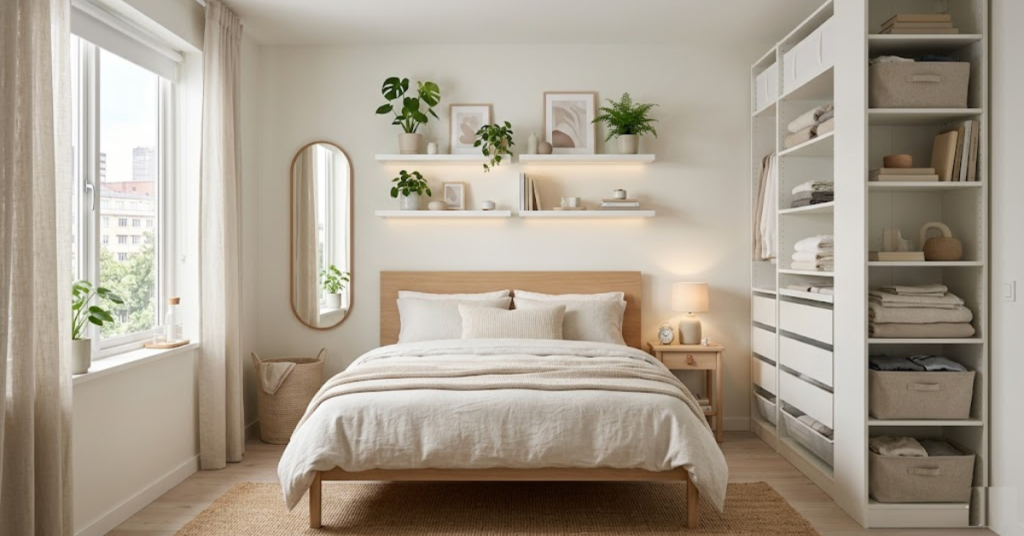 Light-toned vertical storage making small bedroom feel larger