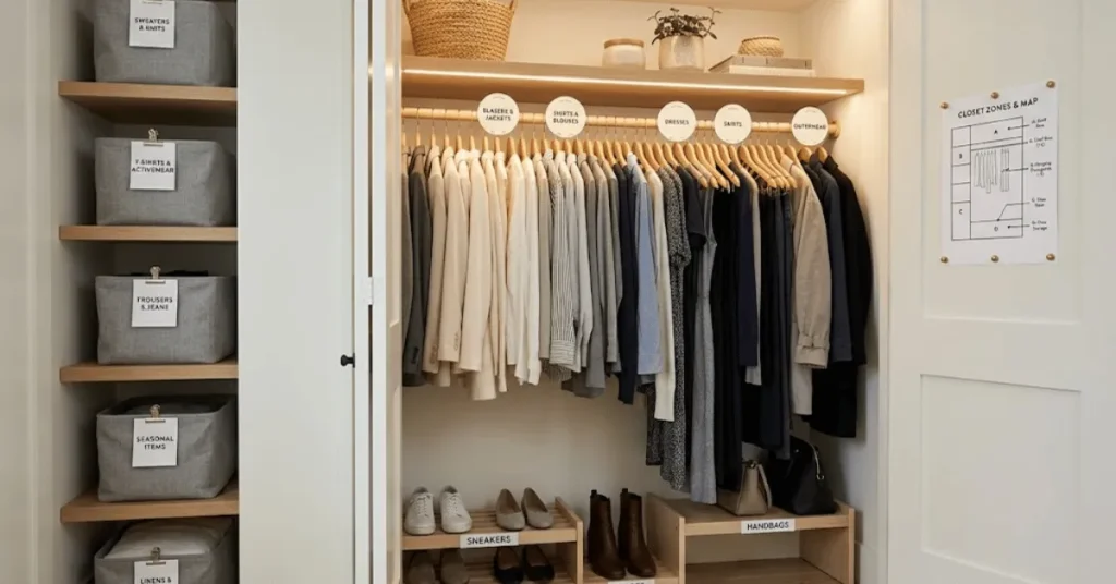 Long-term organized closet showing labeled zones, garment category dividers on rod, and zone map on closet door interior