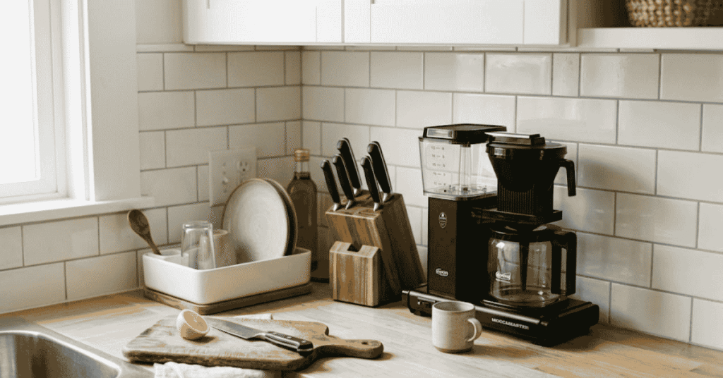 Minimalist small kitchen counter showing only daily-use essentials — coffee maker, knife block, dish rack, and cutting board